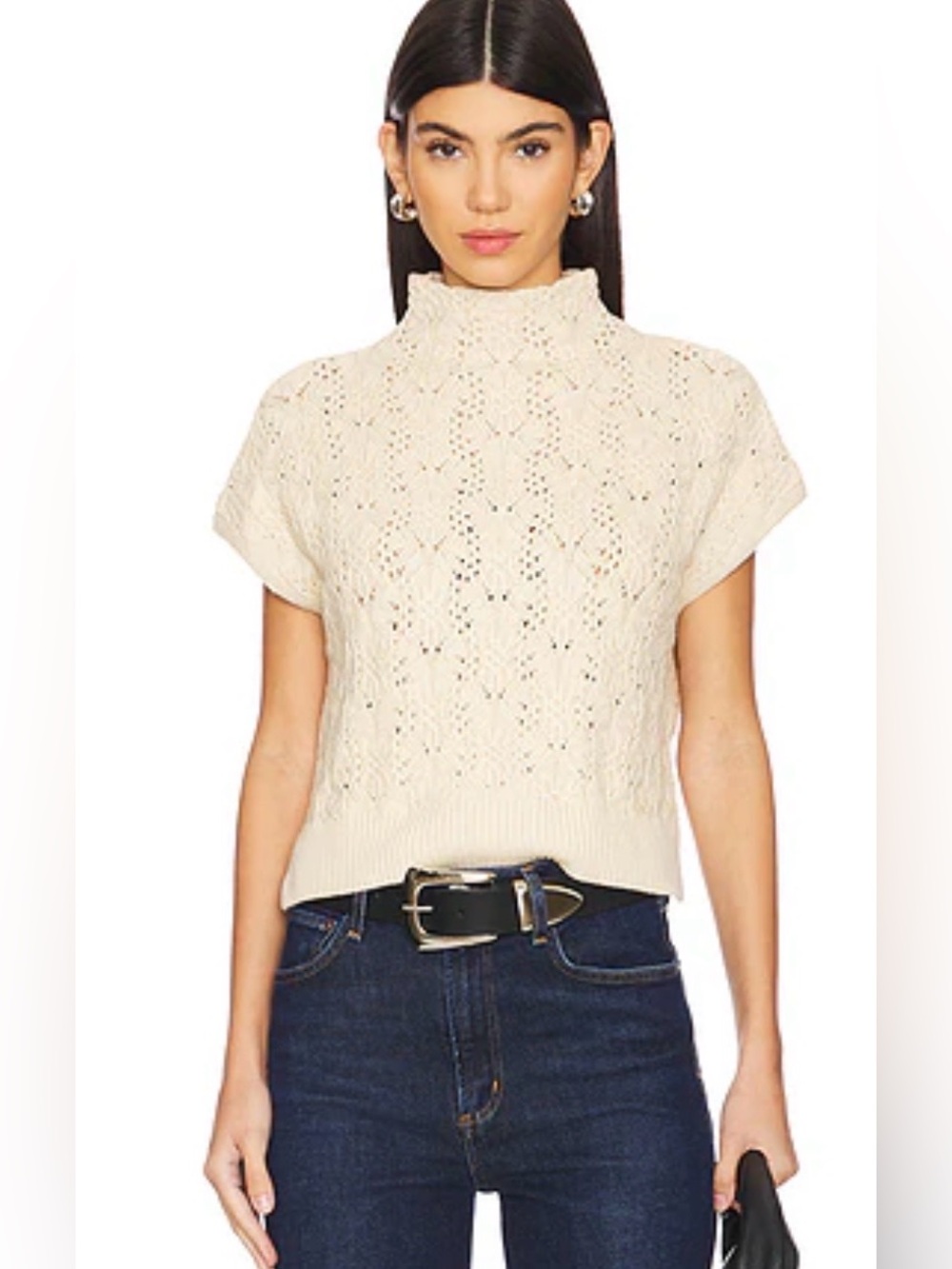 Free People Vickie Mock Neck Cable Knit Sweater Cream Medium